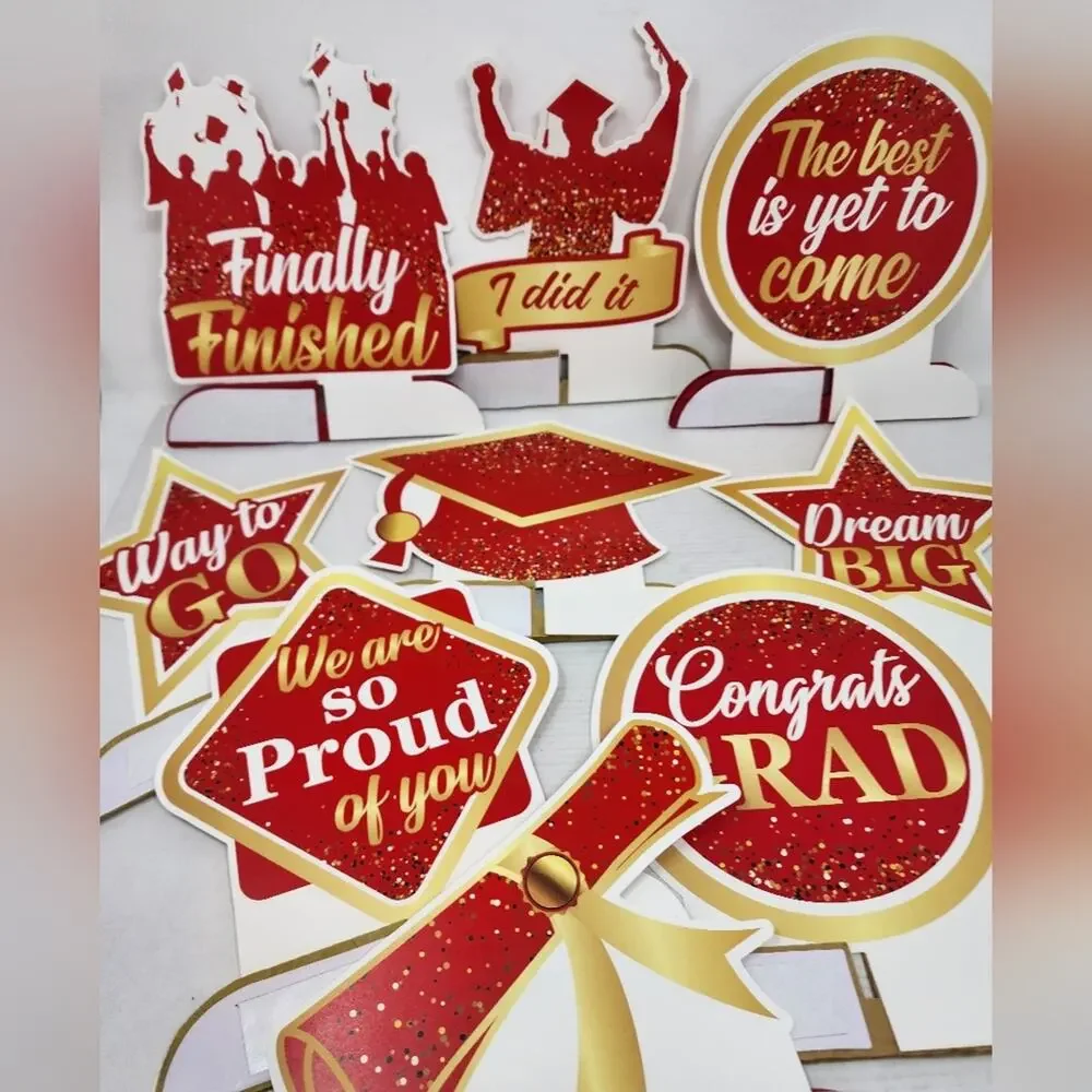 New Graduation Decorations Grad Party 9 Pc Table Toppers Red & White Party Decor